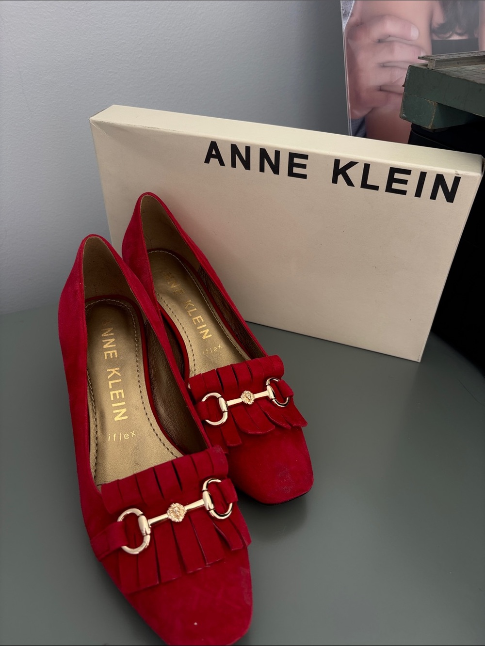 Anne Klein Red Suede Kiltie Loafers with Gold Accent - Picture 5 of 7